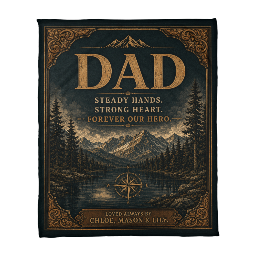Personalized Dad Blanket – “Steady Hands, Strong Heart, Forever Our Hero” Custom Kids Name Blanket