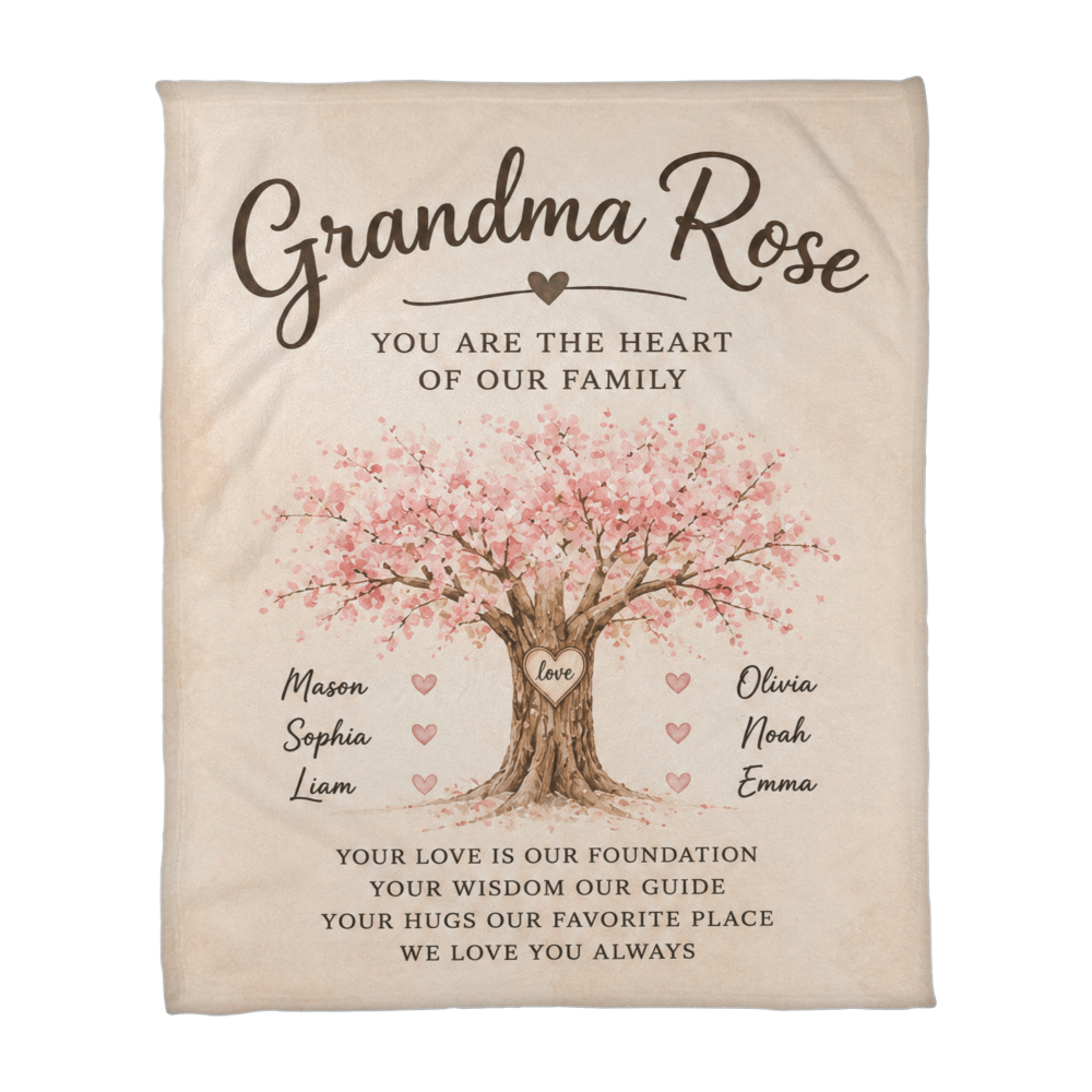 Grandma, You Are the Heart of Our Family – Personalized Grandchildren Name Blanket