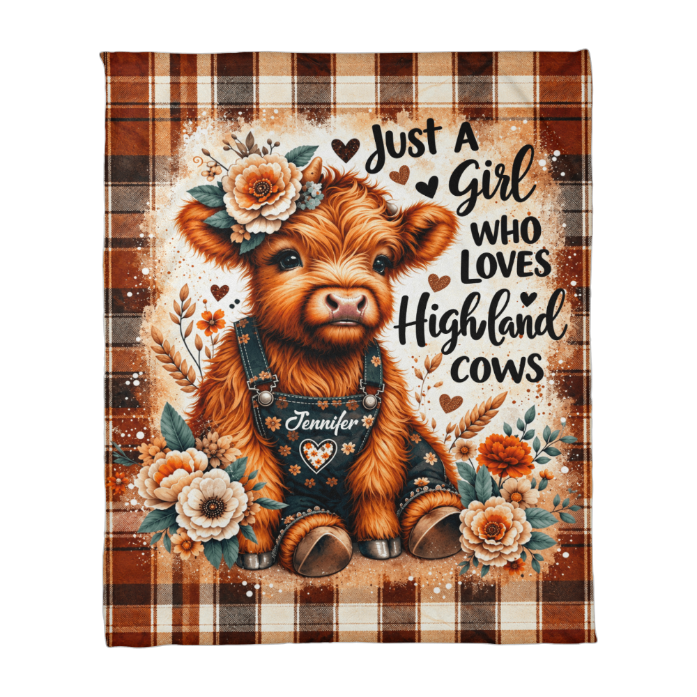 Just a Girl Who Loves Highland Cows Blanket – Cozy Highland Cow Floral Plaid Throw Blanket