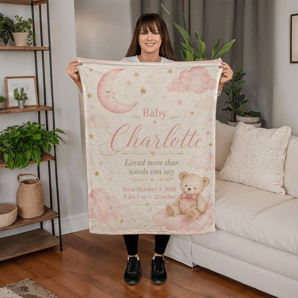 Personalized Baby Girl Name & Birth Stats Blanket – Custom Moon, Cloud & Teddy Bear Keepsake Blanket