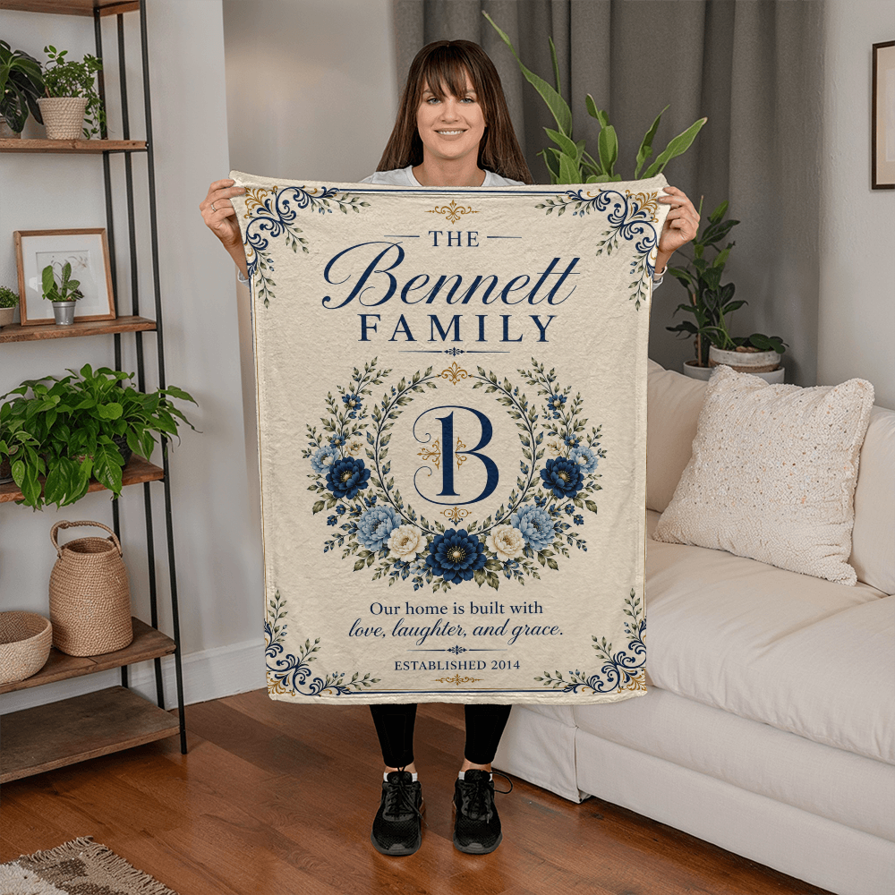 Personalized Family Name & Established Date Blanket – Custom Monogram Floral Family Blanket