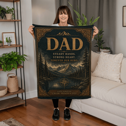 Personalized Dad Blanket – “Steady Hands, Strong Heart, Forever Our Hero” Custom Kids Name Blanket