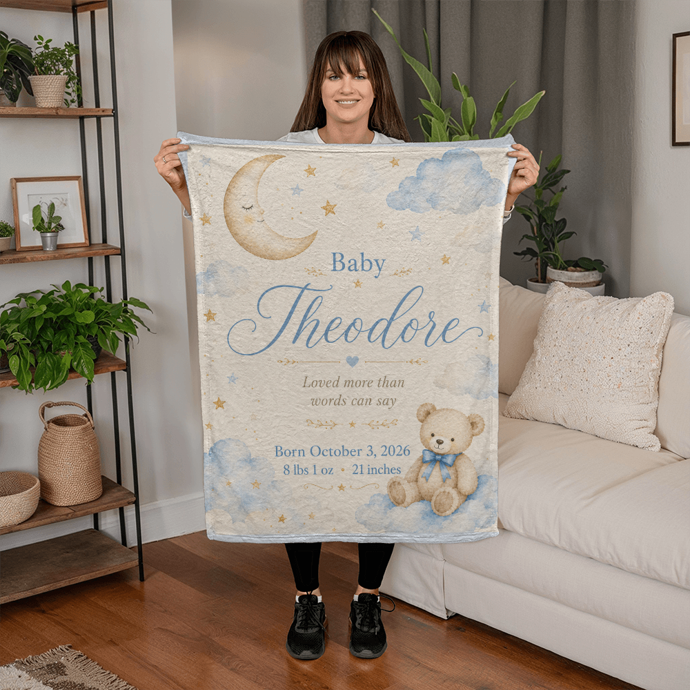 Personalized Baby Name & Birth Stats Blanket – Custom Moon, Cloud & Teddy Bear Baby Blanket