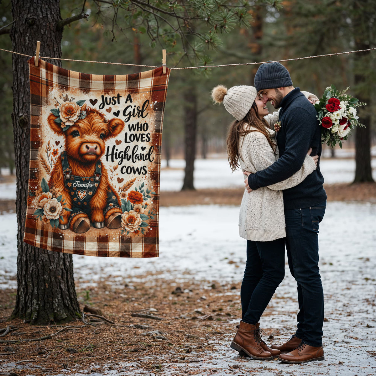 Just a Girl Who Loves Highland Cows Blanket – Cozy Highland Cow Floral Plaid Throw Blanket