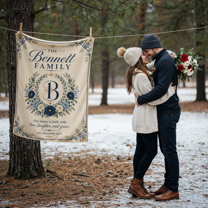 Personalized Family Name & Established Date Blanket – Custom Monogram Floral Family Blanket