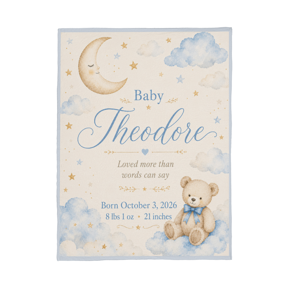 Personalized Baby Name & Birth Stats Blanket – Custom Moon, Cloud & Teddy Bear Baby Blanket