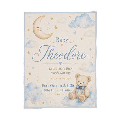 Personalized Baby Name & Birth Stats Blanket – Custom Moon, Cloud & Teddy Bear Baby Blanket