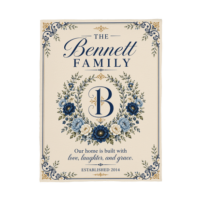 Personalized Family Name & Established Date Blanket – Custom Monogram Floral Family Blanket