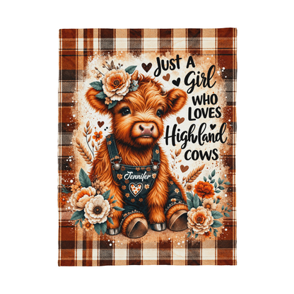 Just a Girl Who Loves Highland Cows Blanket – Cozy Highland Cow Floral Plaid Throw Blanket