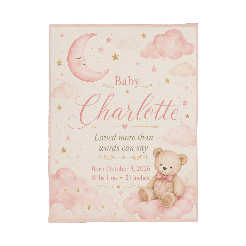 Personalized Baby Girl Name & Birth Stats Blanket – Custom Moon, Cloud & Teddy Bear Keepsake Blanket
