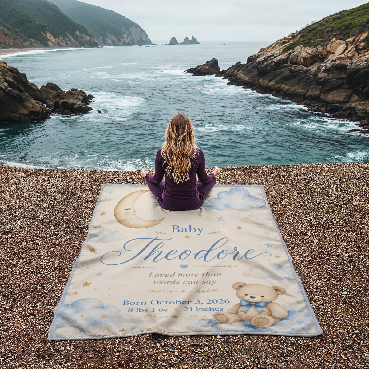Personalized Baby Name & Birth Stats Blanket – Custom Moon, Cloud & Teddy Bear Baby Blanket