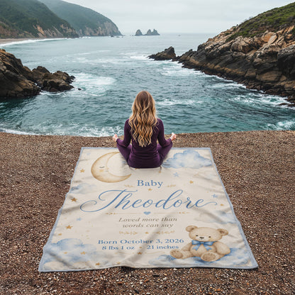 Personalized Baby Name & Birth Stats Blanket – Custom Moon, Cloud & Teddy Bear Baby Blanket