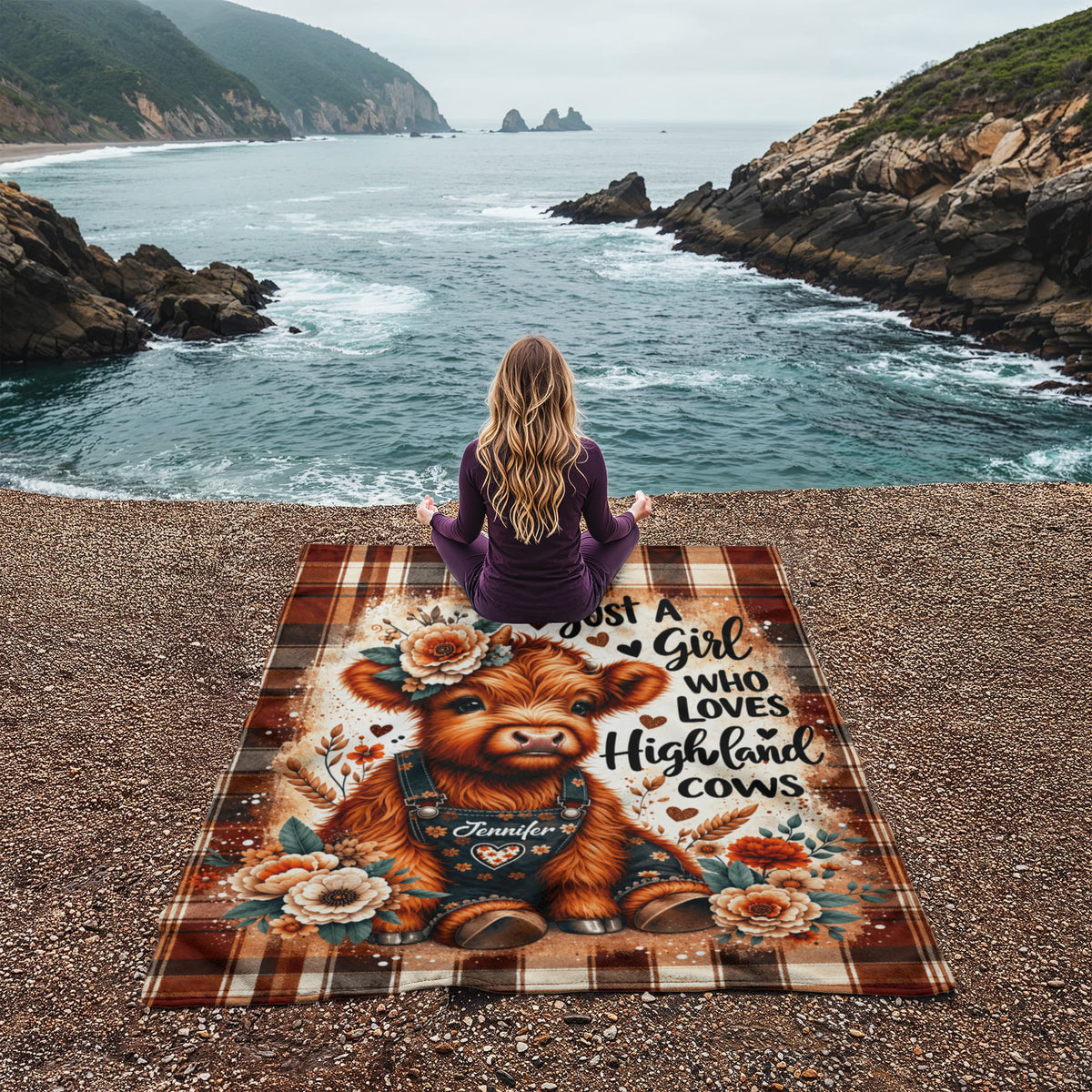 Just a Girl Who Loves Highland Cows Blanket – Cozy Highland Cow Floral Plaid Throw Blanket