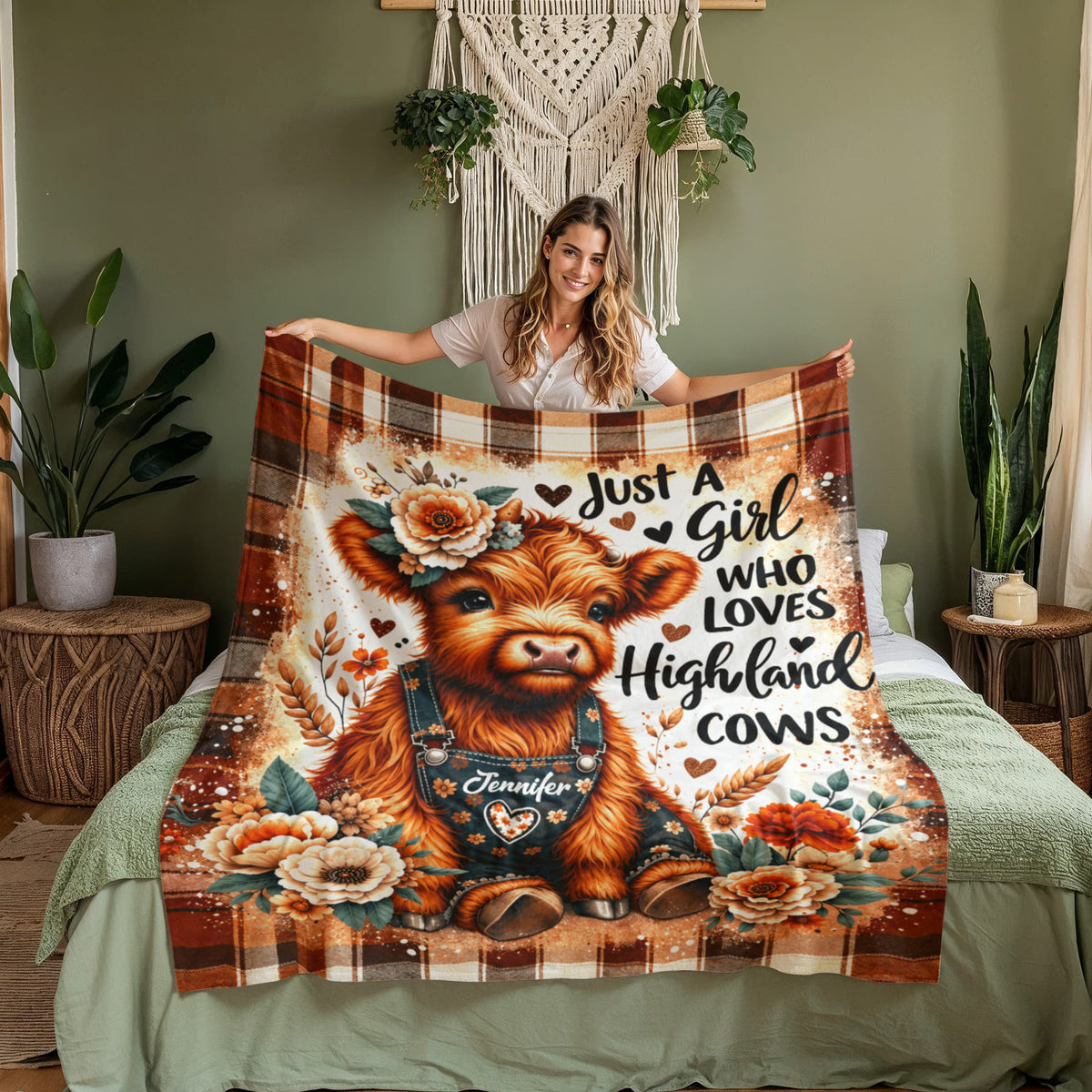 Just a Girl Who Loves Highland Cows Blanket – Cozy Highland Cow Floral Plaid Throw Blanket