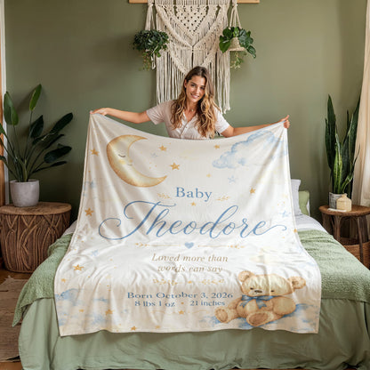 Personalized Baby Name & Birth Stats Blanket – Custom Moon, Cloud & Teddy Bear Baby Blanket