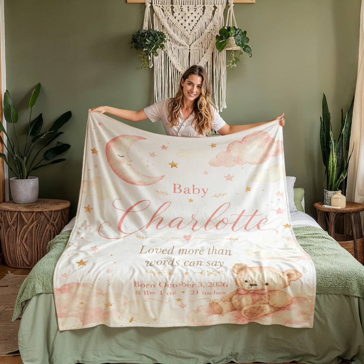 Personalized Baby Girl Name & Birth Stats Blanket – Custom Moon, Cloud & Teddy Bear Keepsake Blanket