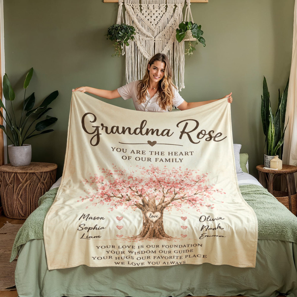 Grandma, You Are the Heart of Our Family – Personalized Grandchildren Name Blanket