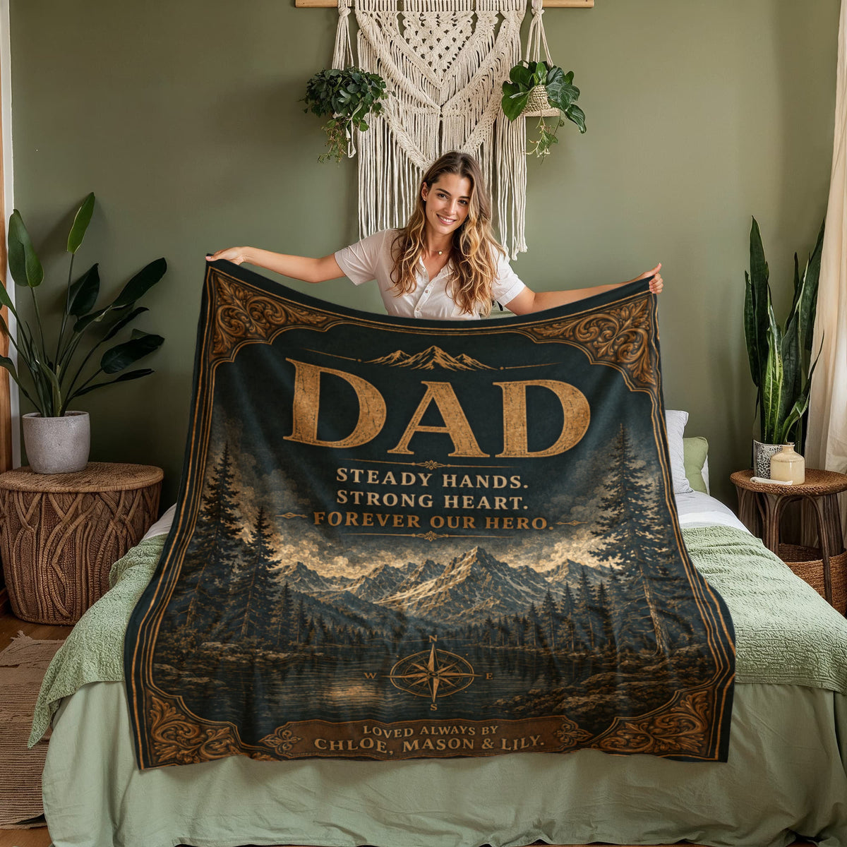 Personalized Dad Blanket – “Steady Hands, Strong Heart, Forever Our Hero” Custom Kids Name Blanket