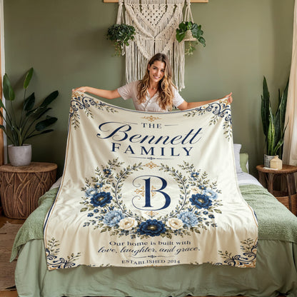 Personalized Family Name & Established Date Blanket – Custom Monogram Floral Family Blanket