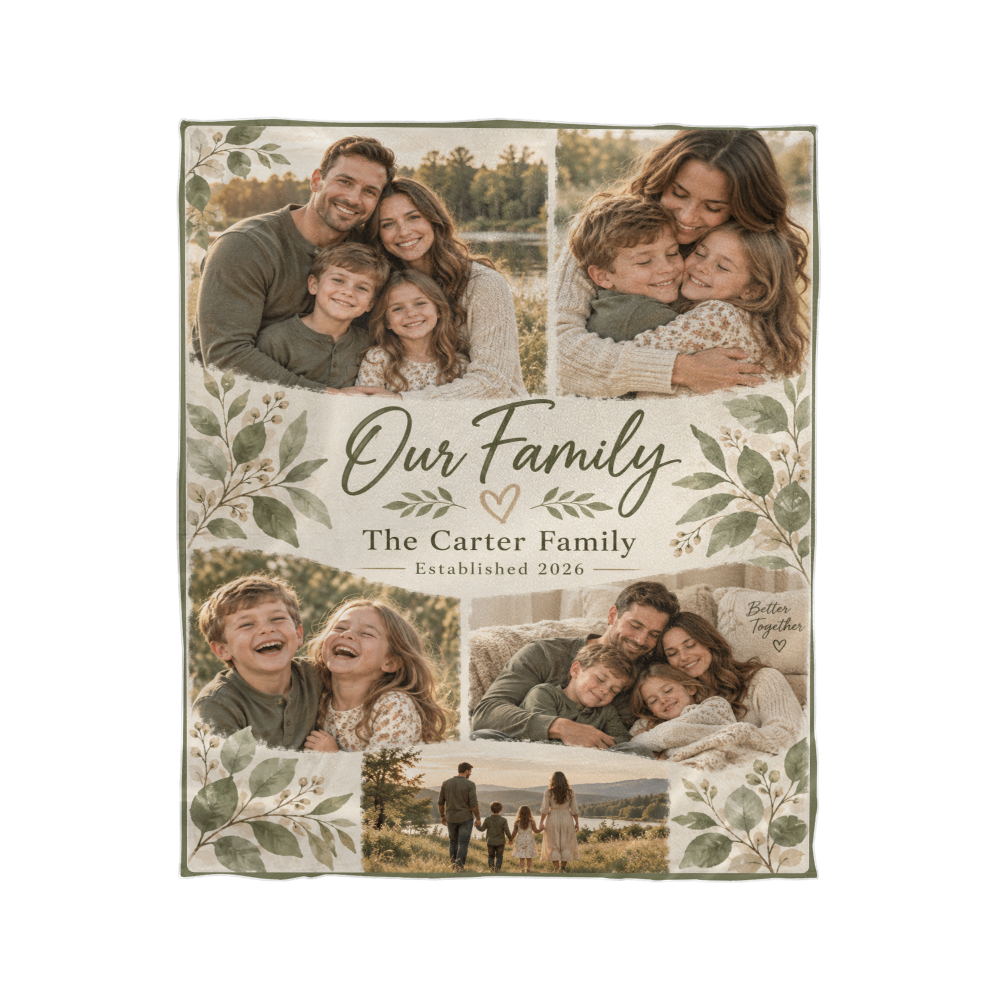 Personalized Family Photo Blanket with five family photos, a family name and year