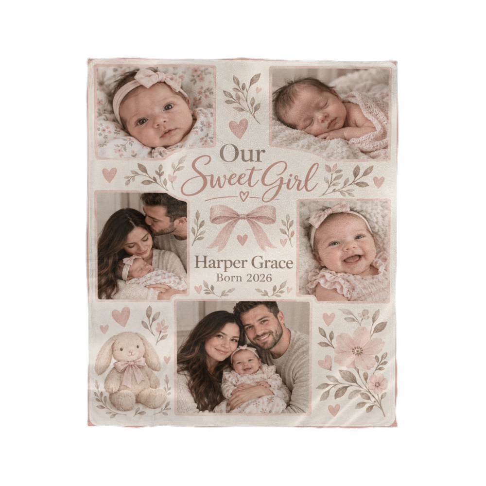 Personalized Baby Girl Photo Blanket with five baby photos, her name and floral details