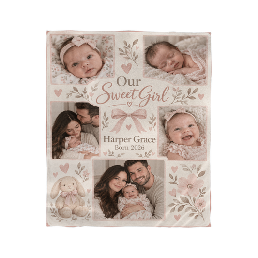 Personalized Baby Girl Photo Blanket with five baby photos, her name and floral details