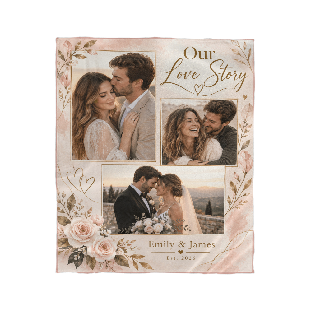 Personalized Couples Photo Blanket with three couple photos, names and a special year