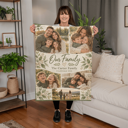 Personalized Family Photo Blanket held by a woman beside a sofa