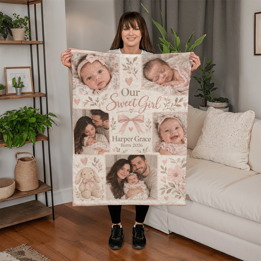 Personalized Baby Girl Photo Blanket held by a woman beside a sofa
