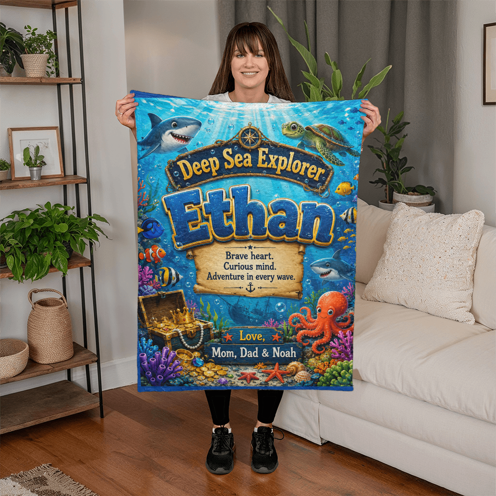 Deep Sea Explorer Personalized Ocean Adventure Blanket for Boys