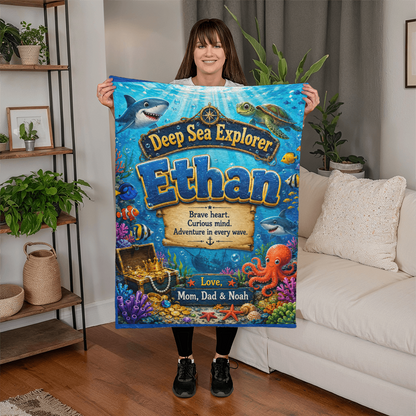Deep Sea Explorer Personalized Ocean Adventure Blanket for Boys