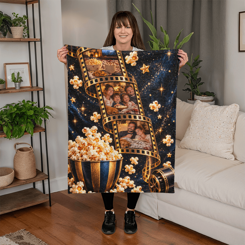 Personalized Movie Night Photo Blanket – Custom 3-Photo Film Strip