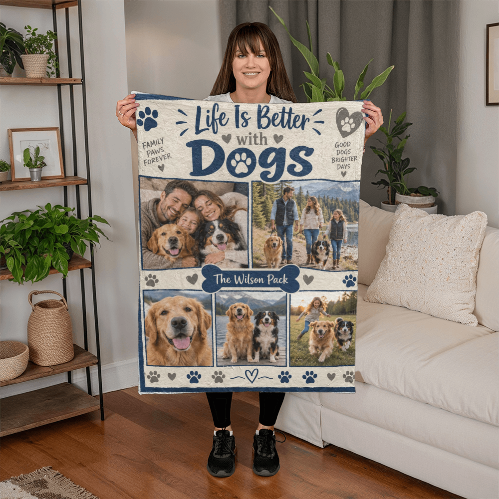 Personalized Dog Photo Blanket held by a woman beside a sofa