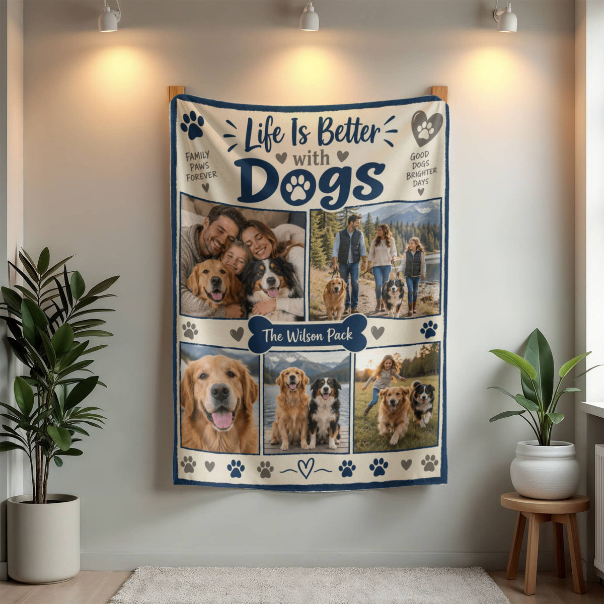 Personalized Dog Photo Blanket hanging beneath two wall lights