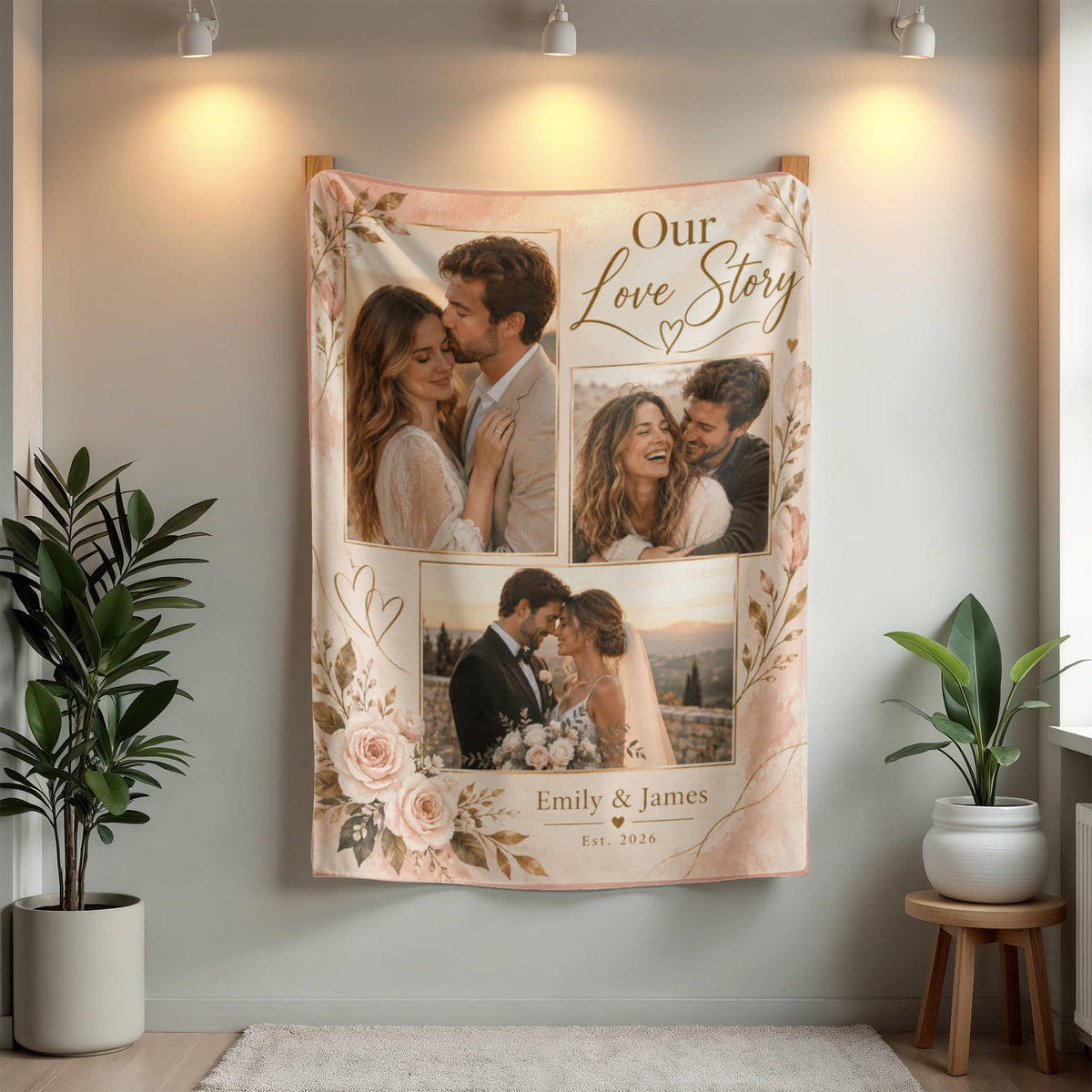 Personalized Couples Photo Blanket hanging beneath two wall lights