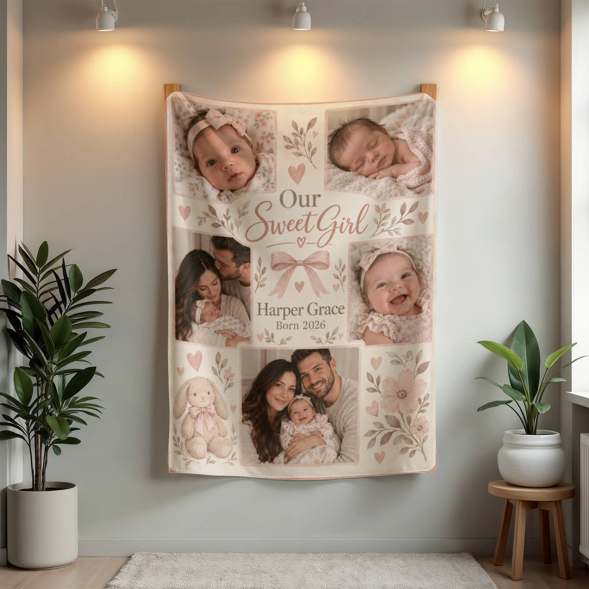 Personalized Baby Girl Photo Blanket hanging beneath two wall lights