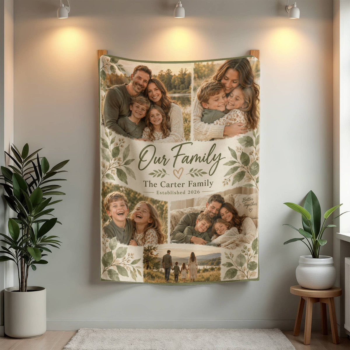 Personalized Family Photo Blanket hanging beneath two wall lights