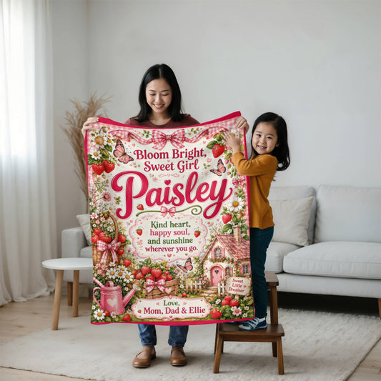 Custom Name Strawberry Cottage Blanket for Girls