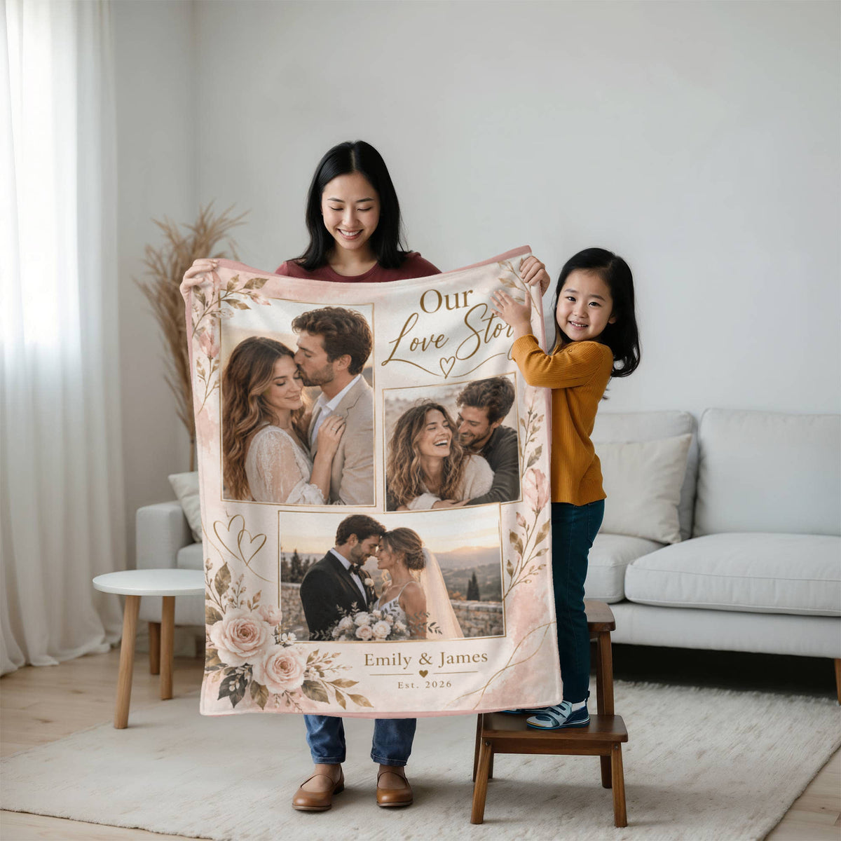 Personalized Couples Photo Blanket held by a mother and child