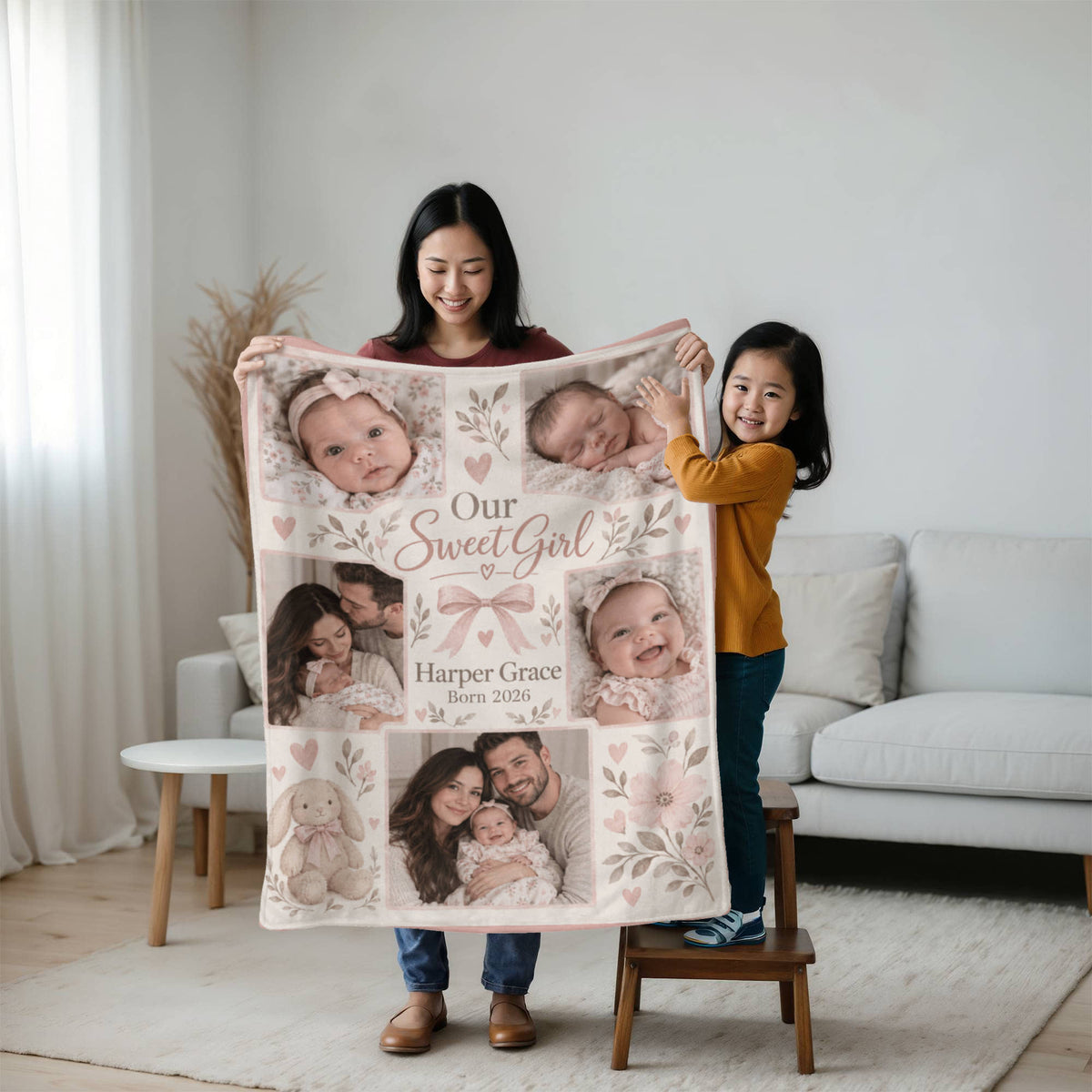 Personalized Baby Girl Photo Blanket held by a mother and child