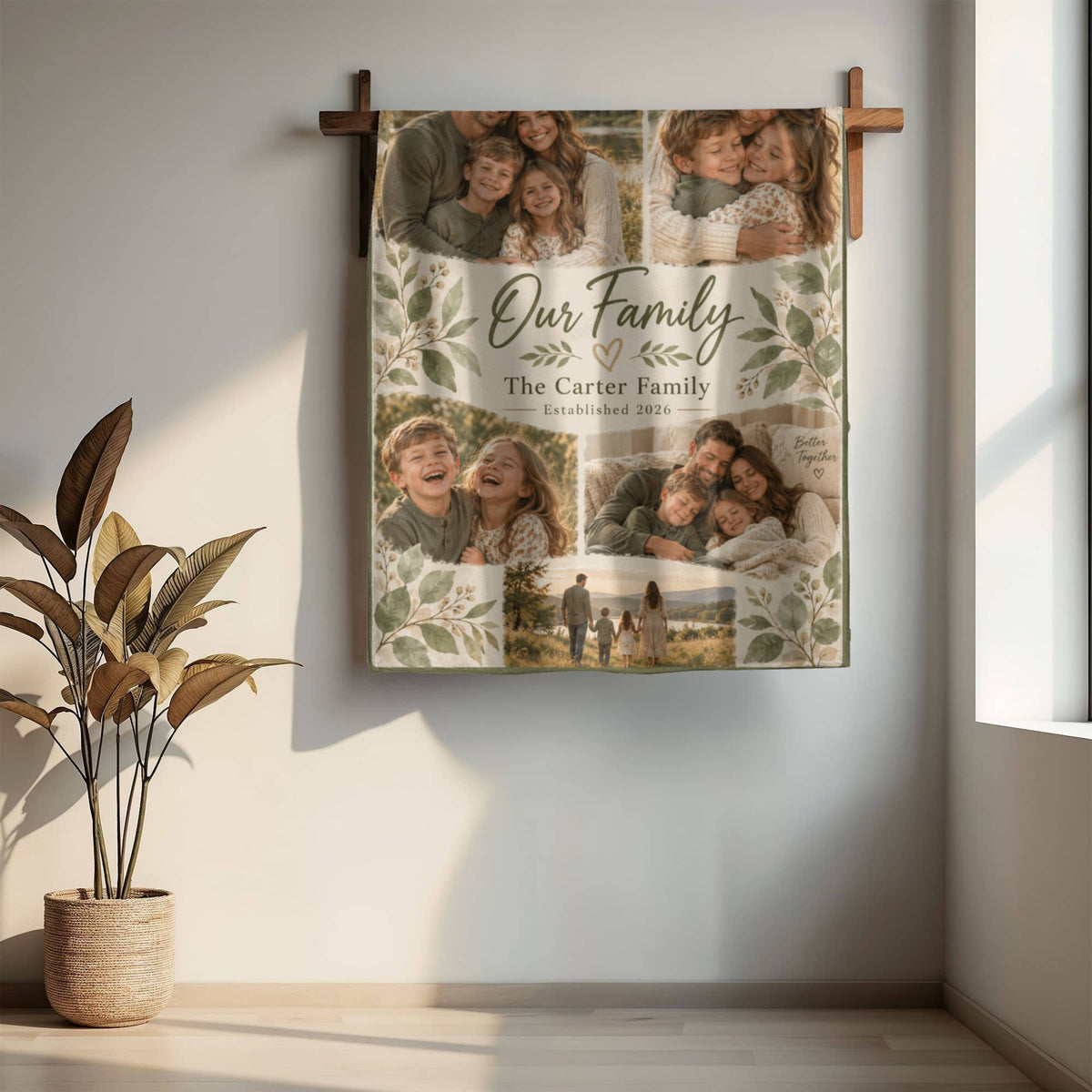 Personalized Family Photo Blanket hanging from a wooden wall rail