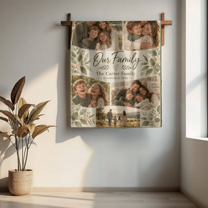 Personalized Family Photo Blanket hanging from a wooden wall rail