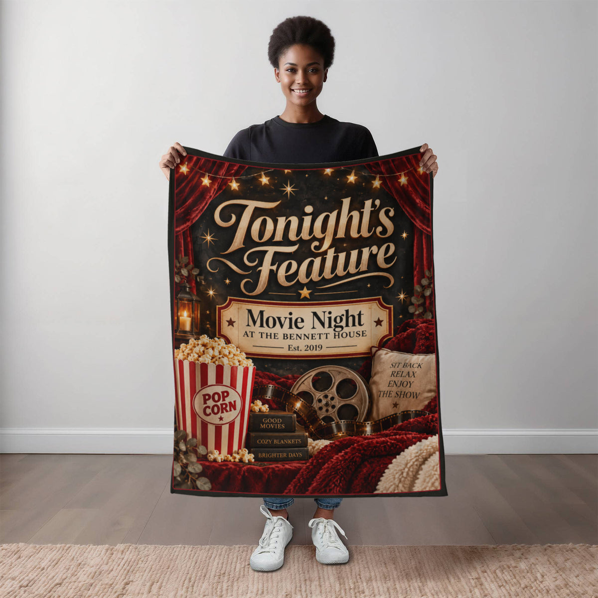 Personalized Family Movie Night Blanket – Custom Last Name & Est. Year
