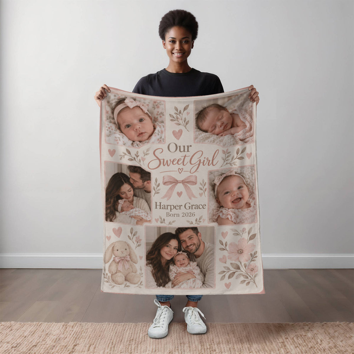 Personalized Baby Girl Photo Blanket held open to show its full design