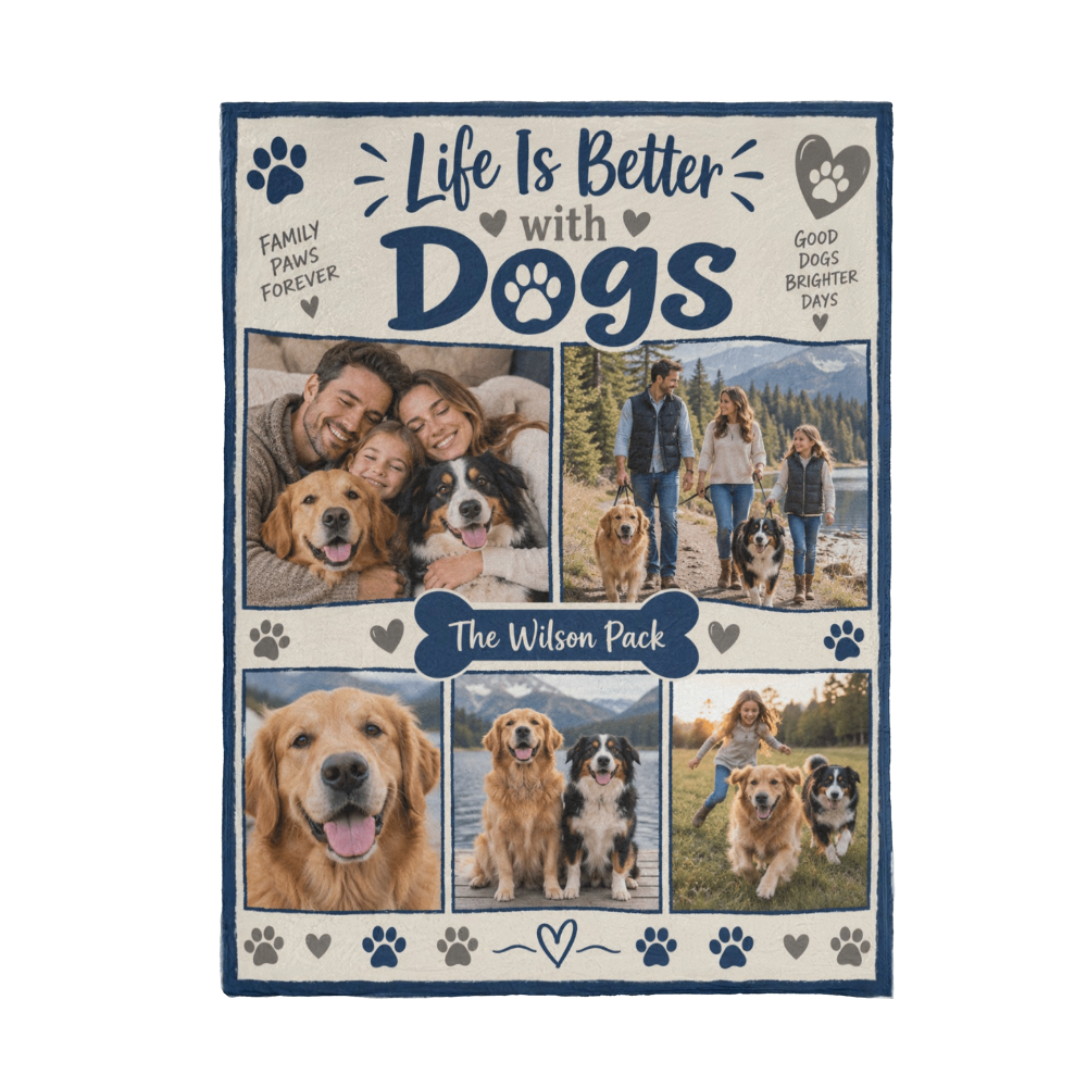 Personalized Dog Photo Blanket showing five dog photos and a custom family name