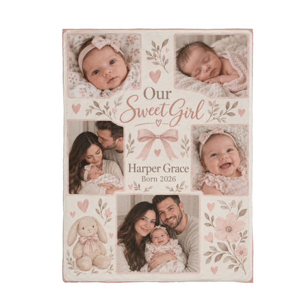 Personalized Baby Girl Photo Blanket showing the pink floral photo layout