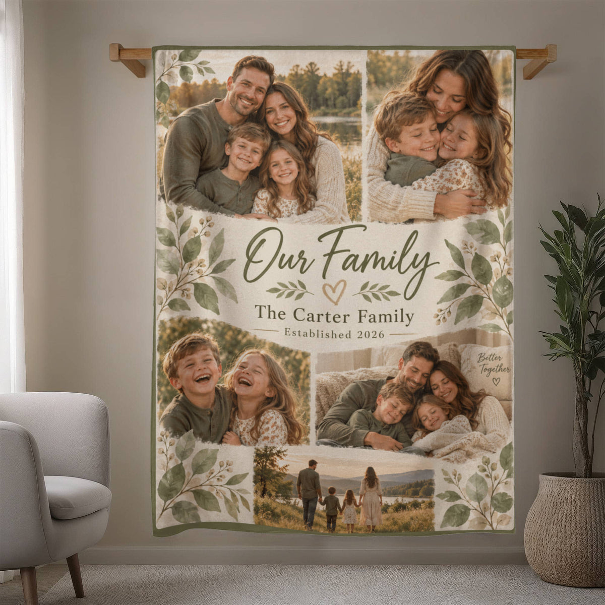 Personalized Family Photo Blanket hanging in a living room