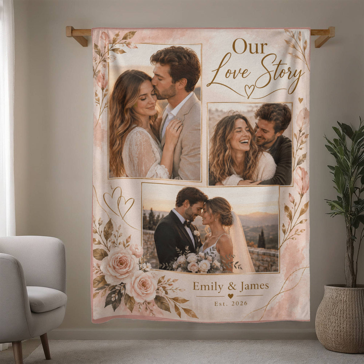 Personalized Couples Photo Blanket hanging in a living room
