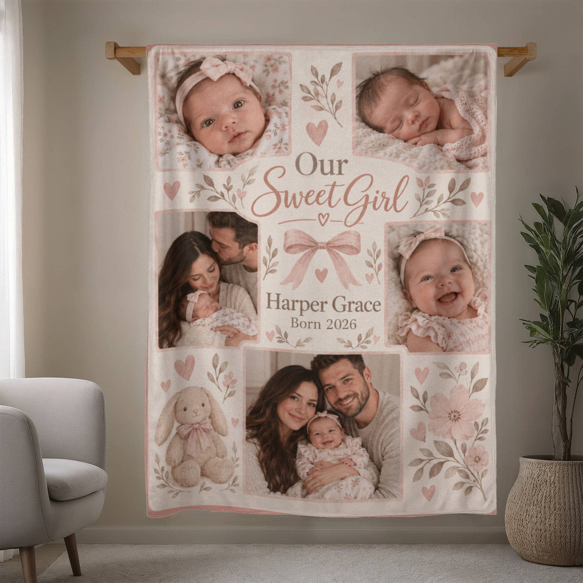 Personalized Baby Girl Photo Blanket hanging in a living room