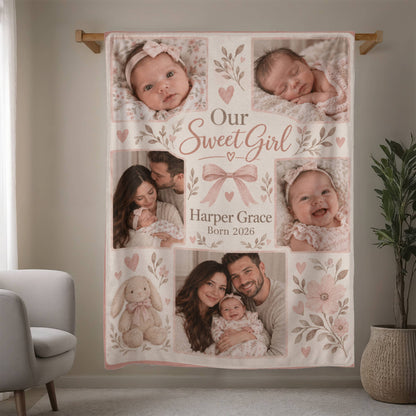 Personalized Baby Girl Photo Blanket hanging in a living room